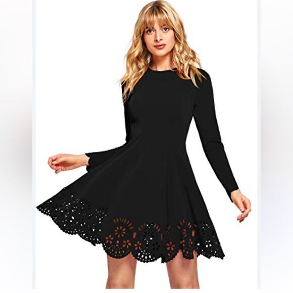 Ladies Long‎ Sleeve Scalloped Cuff and Hem Black Dress Size XL - Picture 1 of 13